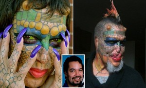 GEORGIA, USA: Tiamat as pictured in November 2012. WELCOME to the world of the transgender former banker who claims to be the first and only person to have both ears cosmetically removed as part of her quest to become a DRAGON. Born Richard Hernandez in Mobiltown, Maricopa County, Arizona, this fifty-five-year-old would-be dragon now known as ìTiamatî has taken on several personas and undergone multiple stages of transformations or ëmetamorphosisí to arrive at her final reptilian destination. This ìhuman-dragonî also had horns implanted on her forehead and tattoos and scarification on her face to resemble snake scales. The whites of her eyes are stained green, giving her the Medusa ëGreen eyes of Deathí as she jovially refers to them. She has been reborn as a ìdragonî with the full name Eva Tiamat Baphomet Medusa, known as the Dragon Lady.
